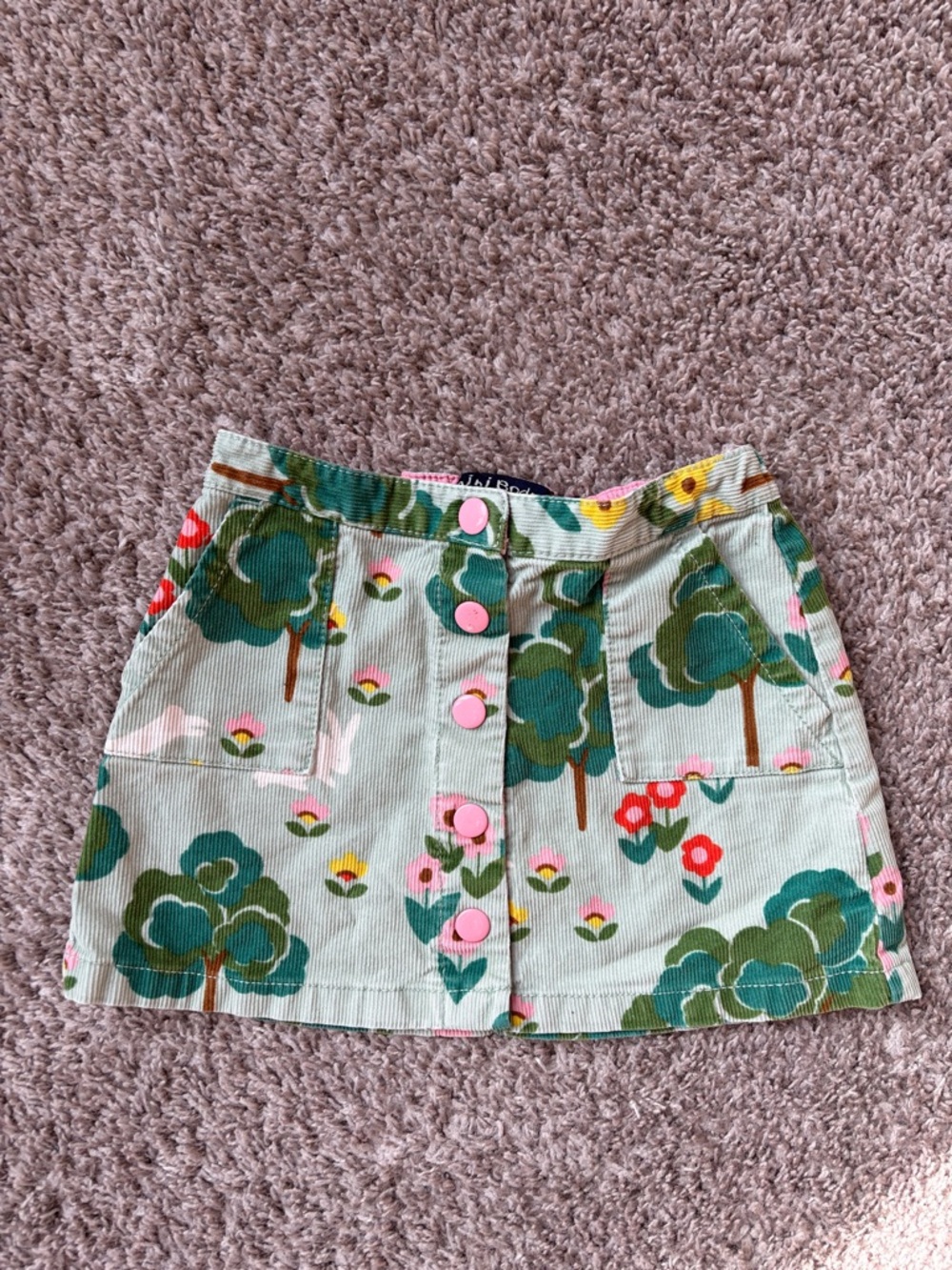 Mini Boden Green Tree Print Corduroy Mini Skirt with Pink Buttons